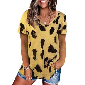 Women's style 2022 summer new leopard print top loose casual V-neck short sleeve T-shirt women (Color: Yellow, size: XXL)