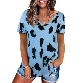 Women's style 2022 summer new leopard print top loose casual V-neck short sleeve T-shirt women (Color: Sky Blue, size: M)