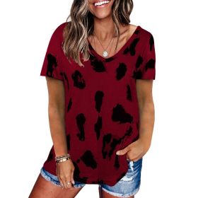 Women's style 2022 summer new leopard print top loose casual V-neck short sleeve T-shirt women (Color: Wine, size: M)