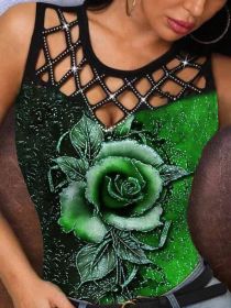 2022 summer women's new 3D rose hollow out vest women's T-Shirt Top (Color: Green, size: M)