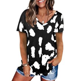 Women's style 2022 summer new leopard print top loose casual V-neck short sleeve T-shirt women (Color: Black, size: XXXL)