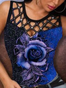 2022 summer women's new 3D rose hollow out vest women's T-Shirt Top (Color: Blue, size: XL)