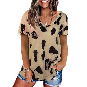 Women's style 2022 summer new leopard print top loose casual V-neck short sleeve T-shirt women (Color: Khaki, size: M)