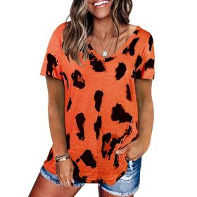 Women's style 2022 summer new leopard print top loose casual V-neck short sleeve T-shirt women (Color: Orange, size: XXXL)