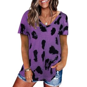Women's style 2022 summer new leopard print top loose casual V-neck short sleeve T-shirt women (Color: Purple, size: M)