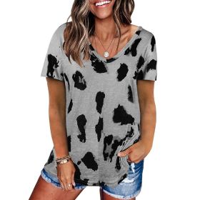 Women's style 2022 summer new leopard print top loose casual V-neck short sleeve T-shirt women (Color: Gray, size: L)