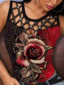 2022 summer women's new 3D rose hollow out vest women's T-Shirt Top (Color: Red, size: XXXXL)