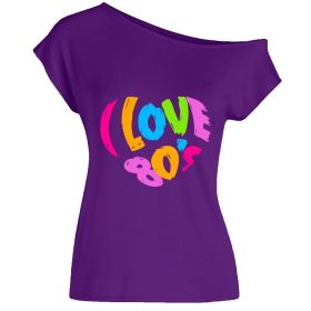 2022 summer I love 80's letter love print diagonal collar off shoulder sexy irregular T-shirt (Color: Purple, size: XL)