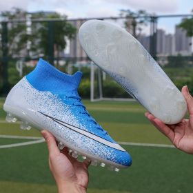 New Football Shoes Man Soccer Boots Artificial Grass Original Superfly High Ankle Kids Shoes Crampons Outdoor Sock Cleats Shoes (Color: Blue, size: 43)