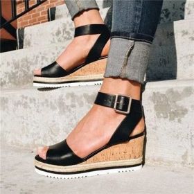 Retro Womens Fashion Open Toe Ankle Platform Wedges Shoes Ladies Roman Sandals Buty Damskie Wedges Shoes Mujer 2022 erf45 (Color: Black, size: 7)