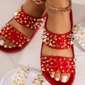 Women Summer Flat Fashion Rivet Slippers Thick Sole Soft Shoes Female Flip Flops Sandals Outdoor Beach Ladies Large Size 35~43 (Color: Red, size: 39)