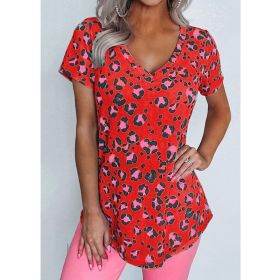 Summer New Women's Clothing Loose V-neck Short-sleeved Printed T-shirt Top (Color: Red, size: L)