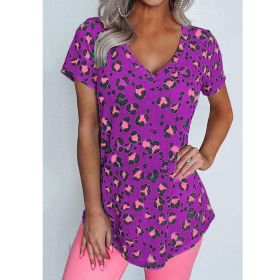 Summer New Women's Clothing Loose V-neck Short-sleeved Printed T-shirt Top (Color: Purple, size: M)