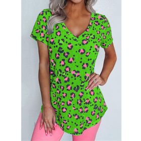 Summer New Women's Clothing Loose V-neck Short-sleeved Printed T-shirt Top (Color: Green, size: S)