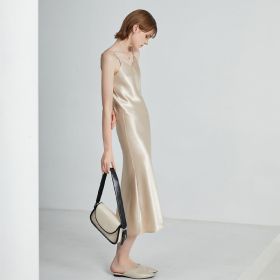 Women's Dress Satin Sling Strap Dresses Sexy Summer Backless Dress 2021 (Color: apricot, size: L)