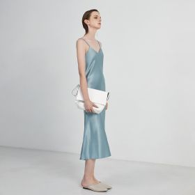 Women's Dress Satin Sling Strap Dresses Sexy Summer Backless Dress 2021 (Color: Blue, size: L)