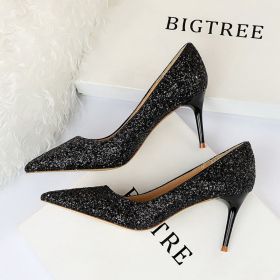 Women's Pumps; Sexy women's high-heeled shoes; women's shoes; thin heel high-heeled fashion shining sequins single shoes (colour: Black 7CM, size: 35)