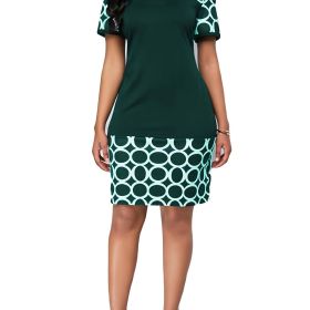 Printed Elegant Pencil Dress; Crew Neck Short Sleeve Casual Dress For Summer & Spring; Women's Clothing (Color: Green, size: XXL(14))