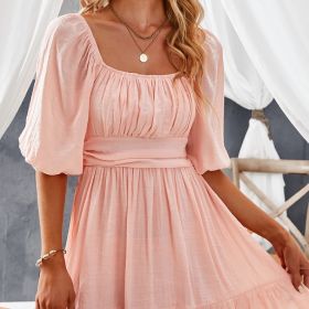 Women's Dresses Lantern Sleeves Dress; Square Neck Ruffle Back Lace Up Summer Dress; Women's Clothing (Color: Pink, size: L(8/10))