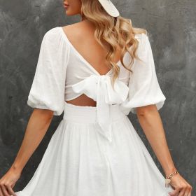 Women's Dresses Lantern Sleeves Dress; Square Neck Ruffle Back Lace Up Summer Dress; Women's Clothing (Color: White, size: L(8/10))