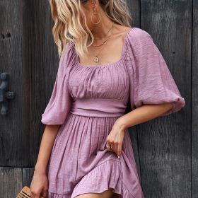 Women's Dresses Lantern Sleeves Dress; Square Neck Ruffle Back Lace Up Summer Dress; Women's Clothing (Color: Violets, size: L(8/10))
