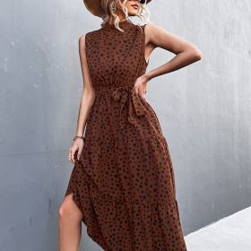 Elegant Lace Up Midi Dress; Dot Tie Print Sleeveless High Neck Belt Waist Summer Maxi Dresses; Women's Clothing (Color: Coffee, size: L(8/10))