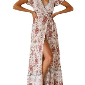 Floral Print Bohemian Maxi Dress; V Neck Short Sleeve Dress For Spring & Summer; Women's Clothing (Color: Beige, size: XXL(14))