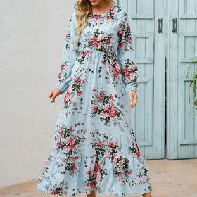 Floral Long Sleeve Maxi Dress; Long Sleeve Loose Crew Neck Dress; Casual Dresses For Spring & Summer; Women's Clothing (Color: Lake Blue, size: S(4))