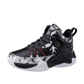 New leather children's basketball sneakers teenagers primary and secondary school students student trend sports casual shoes (Color: Black and white, size: 33)