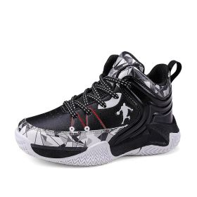 New leather children's basketball sneakers teenagers primary and secondary school students student trend sports casual shoes (Color: Black and white, size: 35)