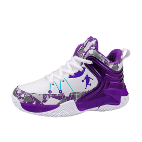 New leather children's basketball sneakers teenagers primary and secondary school students student trend sports casual shoes (Color: White purple, size: 35)