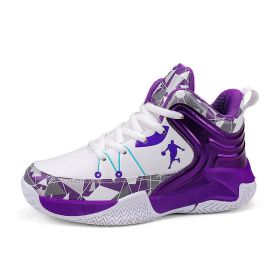 New leather children's basketball sneakers teenagers primary and secondary school students student trend sports casual shoes (Color: White purple, size: 40)