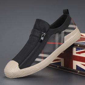 Men's sneaker; Men's casual shoes; trendy men's low-top sneakers; casual plaid shoes; men's vulcanized shoes with zipper (colour: All black, size: 42)