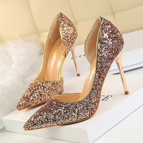 Women's Pumps; sexy women's high-heeled shoes; thin heel pointed leather shoes; hollow sides; sequins decoration (colour: Golden, size: 43)
