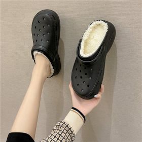 Cave shoes Women's plush thick soles increase winter Baotou cotton slippers Female temperament Fairy muffin anti-skid cotton shoes (colour: 9701 black, size: 37/38 fits 36/37)