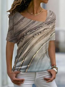 Marble Print Asymmetrical T-shirt; Casual Short Sleeve V Neck Summer T-shirt; Women's Clothing (Color: Purple, size: XXL)
