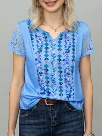 Ethnic Tribal Print V Neck T-shirt; Casual Loose Lace Hollow Raglan Short Sleeve Summer T-Shirts Tops; Women's Clothing (Color: Blue, size: XXL)