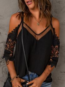 Contrast Lace Cold Shoulder T-Shirt; Short Sleeve Sexy Summer Daily Tops; Women's Clothing (Color: Black, size: S)