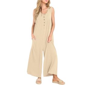 Women's Summer Jumpsuits Casual Loose Sleeveless Strap Rompers Outfits (Color: Khaki, size: L)