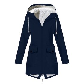 Autumn and winter new women's plus velvet jacket outdoor mountaineering clothes hooded jacket waterproof coat (Color: Dark blue, size: XXXXL)