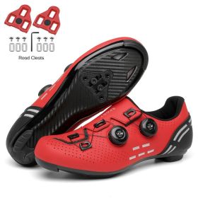 Ultralight Cycling Shoes Mtb Carbon Fiber Road Bike Boots Men Mountain Bicycle SPD Cleats Shoes Women Biking Speed Flat Sneaker (Color: red road cleats, size: 45)