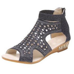New Fashion Women's Sandals Rhinestone Hollow Female Roman Sandals Fish Mouth Back Zipper Casual Comfort Wedge Ladies Shoes (Color: Black, size: 39)