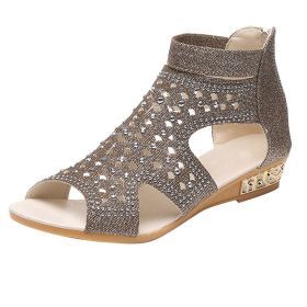 New Fashion Women's Sandals Rhinestone Hollow Female Roman Sandals Fish Mouth Back Zipper Casual Comfort Wedge Ladies Shoes (Color: Gold, size: 38)