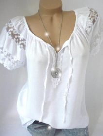 Summer Fashion Sexy V-neck Lace Short-sleeved T-shirt Women's Clothing (Color: Black, size: XXL)