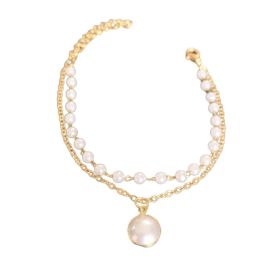 Double Layer Gold Anklets for Women Pearl Beads Pendant Foot Chains 1PCS (Color: Golden)