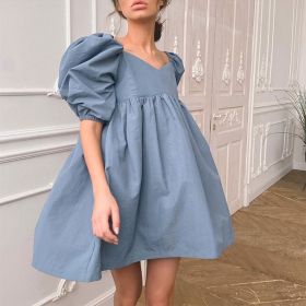 100% Cotton Puff Sleeve Summer Dress Women Casual Solid V-Neck Loose Short Women's Dresses 2021 Elegant A-line Ladies Clothes (Color: Blue, size: L)
