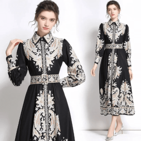 Flora Print Lapel Neck Dress (Color: Black, size: S)