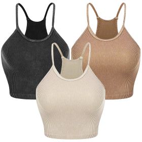 3 Pack Women Crop Basic Tank Top Ribbed Knit Sleeveless Round Neck 9 Color Machine Wash Summer Crop S to XL (Color: DGRY_Kha_Beige, size: L)