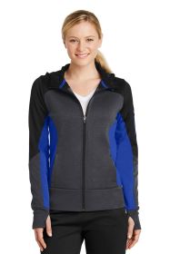 Sport-Tek Ladies Tech Fleece Colorblock Full-Zip Hooded Jacket LST245 (Color: Black/ Graphite Heather/ True Royal, size: 4XL)