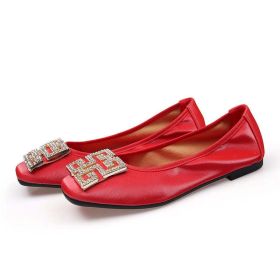 Comemore Leather Slip on Shoes for Women Ballet Flats Shallow Female Flat Shoe Red Spring Summer Fashion Moccasins (Shoe Size: 38, Color: Red)